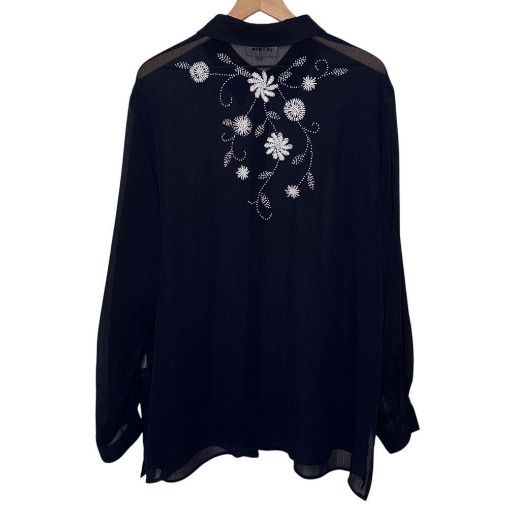 Vintage Sheer Floral‎ Beaded Navy Button Up Blouse
